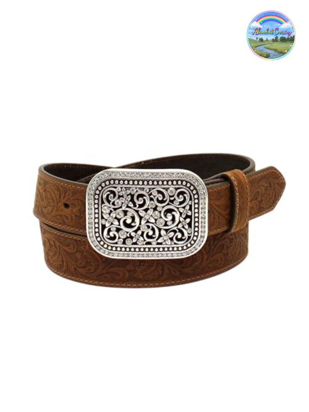 Women's Rhinestones Embossed Leather Belt Crystal Rectangle Buckle